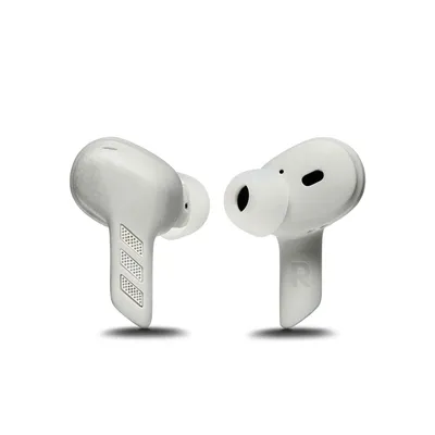 Two white in-ear headphones are shown against a white background.