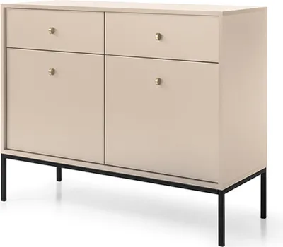 Produktbild von BETTSO Nowoczesna komoda MOLLY Beige z 2 drzwiami, 2 szufladami, czarną ramą i uchwytami - Stylowe przechowywanie w sypialni lub salonie