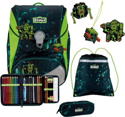 A collection of school supplies including a backpack, pencil case, and drawstring bag, along with decorative charms.