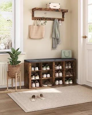 Immagine prodotto di Panca porta scarpe in stile rustico, marrone, con 12 scomparti, larghezza 116 cm, con cuscino per sedersi, ideale per l'ingresso