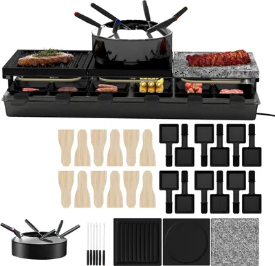 Image de JOIEYOU Raclette pour 12 personnes Gril électrique avec plaque de cuisson en granit, plaque réversible antiadhésive, poêle à griller Hotpot, 12 petits plateaux & 12 spatules en bois, double couche gril de table pour jardin, camping, fête