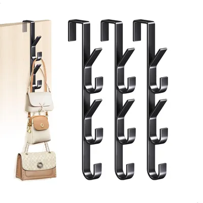 Produktbild von Türhaken Handtaschenhalter Garderobenhaken - Vertikal - Metall - 5 Haken - Schwarz - 3 Stück
