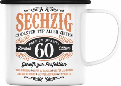 Produktbild von Trendation - 60. Geburtstag Emaille Tasse Mann Geschenk 60er Geschenkidee 60 Vater Männer Lustig Geschenke 60 Jahre Alt Mann Männer Vater (Schwarz)
