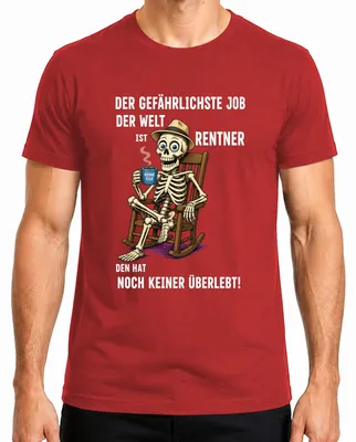 Imagen del producto de Camiseta para hombre, color rojo, talla 3XL. Diseño: "El trabajo más peligroso del mundo", con una imagen de un esqueleto de anciano. Estilo: sarcástico