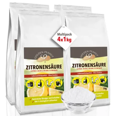 Four bags of citric acid powder are shown, with one bag in the foreground and a bowl of the powder.