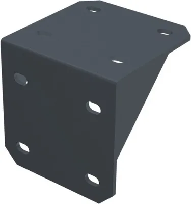 A 3D rendering of a dark gray metal corner bracket with four mounting holes.