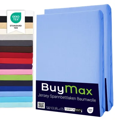 Produktbild von Buymax Spannbettlaken 80x200cm Doppelpack 100% Baumwolle Spannbetttuch Bettlaken Jersey, Matratzenhöhe bis 25 cm, Farbe Hellblau