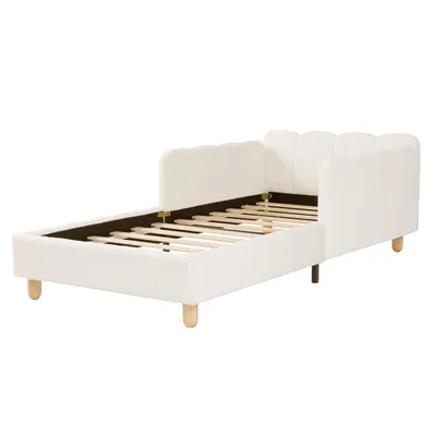 Produktbild von Flieks Kinderbett 90x200cm mit Rausfallschutz, Polsterbett mit Verstellbaren Armlehnen, Einzelbett Holzbett mit Holzbeinen, Bouclé, Beige