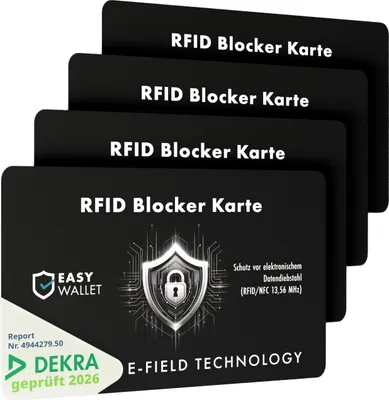 Produktbild von EasyWallet NFC/RFID Blocker Karte – E-Field-Störsender-Technologie für sicheren Kartenschutz – Extra dünn (0,84 mm) – Perfekt für jede Geldbörse (4x) – Optimaler Schutz