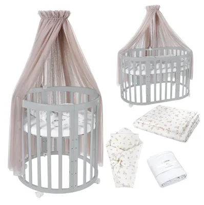 Produktbild von Waldin Babybett OWAL Kinderbett 7in1 mit Matratze, mitwachsendes Kinder-Bett,Stoffe Taupe Zweige,Holz Grau