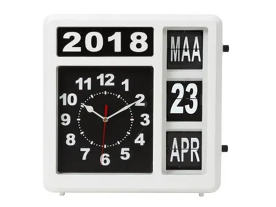 A white flip clock with a black face displaying the year 2018, the month MAA, the day 23, and the month APR.