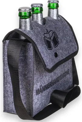A grey felt bag designed to carry three beer bottles, with a strap and a flap closure.