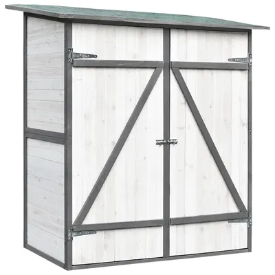 Immagine prodotto di Capanno per attrezzi da giardino, armadietto realizzato in legno resistente alle intemperie, con tetto a falda, doppia porta e serratura, dimensioni 140x75x162 cm, colore bianco/grigio