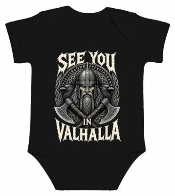 Imagen del producto de Body para bebé, color , talla 6/12 meses. Diseño: "Nos vemos en Valhalla", con motivos vikingos, guerreros, Odín, cuervos y un hacha. Mitología nórdica