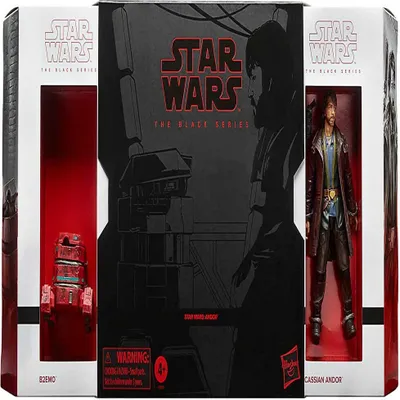 The image shows the packaging of Star Wars The Black Series action figures, specifically Cassian Andor and B2EMO.