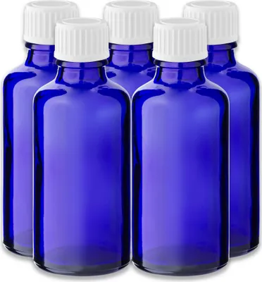 Produktbild von 5x Blaue Glasflasche 50 ml mit weißem Kunststoff-Schraubverschluss Set