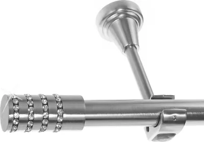 Close-up of a curtain rod with a decorative end piece and a wall bracket.