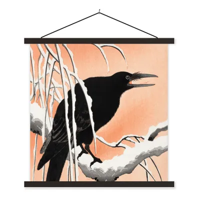 Produktbild von MuchoWow® Textilposter Krähe - Baum - Zweig - Vintage - Japanisch 60x60 cm mit schwarzem Rahmen - Posteraufhänger