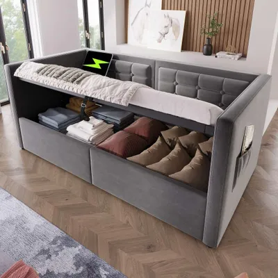 Produktbild von Schlafsofa aus Samt mit Hydraulik-Stauraum und USB/Type-C-Anschluss, Gästebett mit Holzlattenrost, ohne Matratze, Polsterbett 90x190cm, Grau
