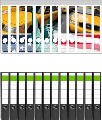 Produktbild von Wallario 12 Stück schmale Ordner inkl. Klebeetiketten mit Motive New York Collage -  Set mit Rückenschildern / Ordnerrücken Stickern