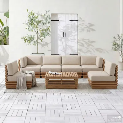Produktbild von home24 Loungegruppe - 7-teilig - Akazie Massiv / Webstoff - Braun / Grau