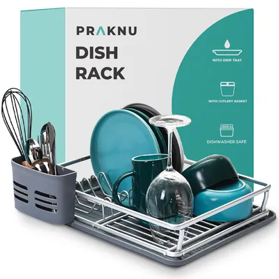 Productafbeelding van Afdruiprek met afdruipbak en bestekmand - Roestvrij staal - Hygiënisch - 43 x 32 cm