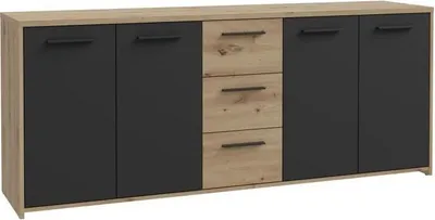 Image de Buffet en mélamine à particules - Chêne Artisan et noir - 4 portes + 3 tiroirs - 179,2 x 42 x 74,5 cm