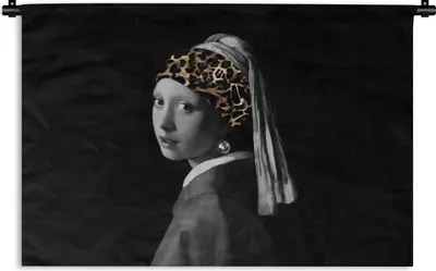 Produktbild von MuchoWow® Wandteppich Wandbehang Girl with a Pearl Earring - Stirnband - Pantherdruck 120x80 cm Tapisserie Dekoration Wandtuch - Wanddekorationen - Wandtücher