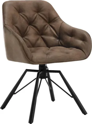 A brown upholstered swivel chair with black metal legs against a white background.
