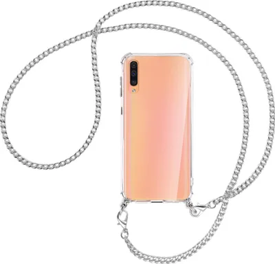 Produktbild von Handykette Backcover-Schutzhülle mit Band (Metall silberfarben) für Samsung Galaxy A50 - silberfarbene Kette