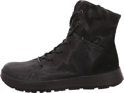 A side view of a black boot against a white background.
