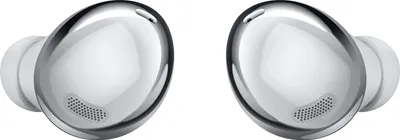 A pair of silver in-ear headphones.