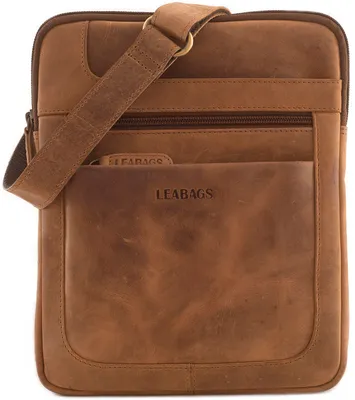 Produktbild von LEABAGS Detroit Umhängetasche Herren – Kleine Leder Umhängetasche 21x26 cm – Mini Crossbody Tasche mit Reißverschluss – Kompakte Alltagstasche – Braun