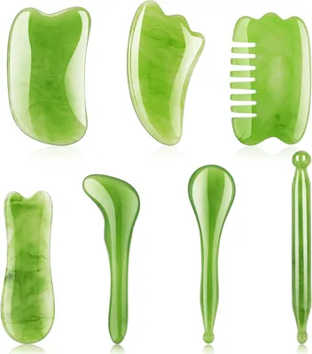 Produktbild von 7 Stück GuaSha, Gesichtsmassage Gua Sha Stein, Guasha Stein Set, Gesicht Massage Stein, Scraping Massage-Tool SPA, Massagesteine Gesicht Jade Stein, Meridiane Guasha für Nacken, Rücken, Beine