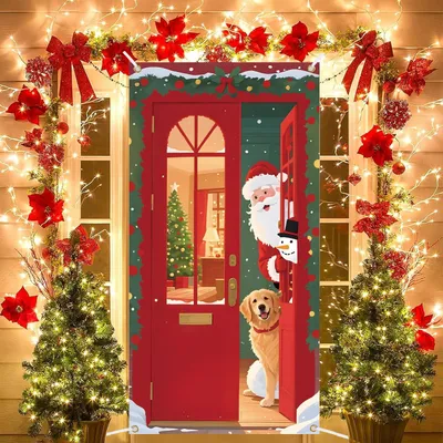 Produktbild von Türdekoration Türabdeckung Weihnachtsmann mit Hund - 185 x 90 cm - Weihnachtsdekoration - Eingangstür