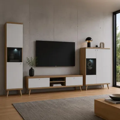 Produktbild von Wohnmöbel Set in Weiß mit Eiche, mit LED-Beleuchtung, Retro-Design, 3-teilig - POSITANO-160