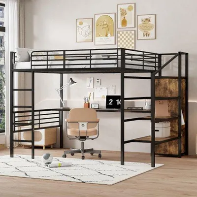 Zdjęcie produktu dla Rama łóżka, 140*200 cm, bez materaca, biurko, otwarta szafa, półka na przechowywanie, metalowa konstrukcja, kolor czarny