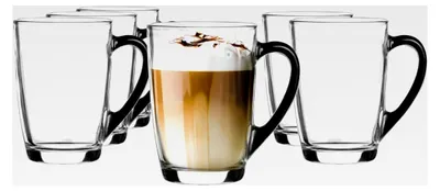 Produktbild von Kaffeeglas mit Henkel, Teeglas, Becher 300 ml, robust, spülmaschinenfest, schwarzer Henkel