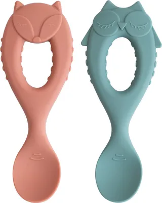 Immagine prodotto di TidyTot: set da 2 cucchiai per l'apprendimento dell'alimentazione in silicone, con motivi volpe e gufo