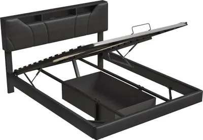 Produktbild von Bett (160 x 200 cm) mit LED-Beleuchtung, Stauraumbett mit USB-Anschluss, höhenverstellbarem Kopfteil, schwarz