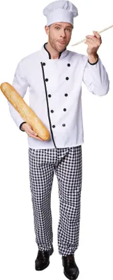 A man dressed as a chef holding a baguette and a wooden spoon.
