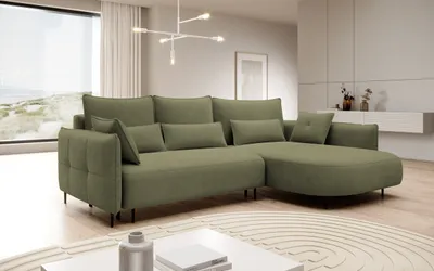 Image de Selsey Oblivio - Canapé d'angle avec fonction sommeil, coffre de lit, housse en velours hydrofuge vert olive, ottomane à droite
