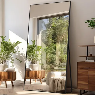 Image de Miroir mural pleine longueur, dimensions 192 x 85 cm, couleur noire, structure en alliage d'aluminium