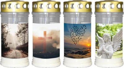 Produktbild von INNA-Glas Grablicht SAVINA mit Motiv, Deckel, 4 Stück, weiß, 17cm, Ø7,7cm, 96h - Grablampe