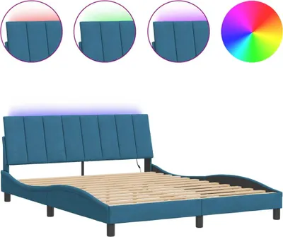 Imagen del producto de Estructura de cama con iluminación LED, sin colchón, modelo "Hanko", color azul, 160x200 cm, tapizada en terciopelo