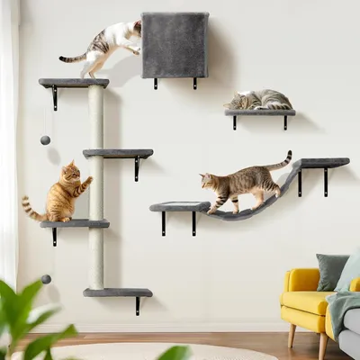 Productafbeelding van Klimwand voor katten - 10-delige set - met hangbrug en wandbed - krabplanken en hangende ballen