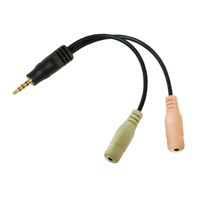 Immagine prodotto di Adattatore audio LogiLink da 3,5 mm 4 pin/M a 2 x 3,5 mm 3 pin/F nero 0,15 m (1 confezione morbida)