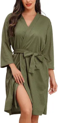 Produktbild von Lovasy Bademantel für Damen, Waffelstrick-Saunamantel, Waffelstrick-Hausmantel, weicher, leichter, knielanger Loungewear mit Gürteltaschen, Armeegrün, XL
