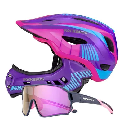 Produktbild von ROCKBROS Kinder Fahrradbrille polarisiert UV400 Blau mit Fullface Kinder Fahrradhelm Lila 54-57 cm