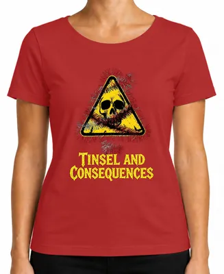 Produktbild von Tinsel and Consequences Totenkopf Lametta Warnschild Skull Gefahr Damen T-Shirt, Rot, 3XL
